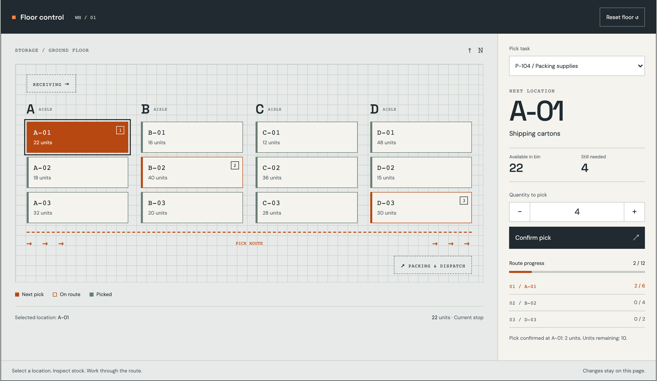 Warehouse interface after picking 2 cartons from A-01: 22 available, 4 still needed and 2 of 12 units picked.